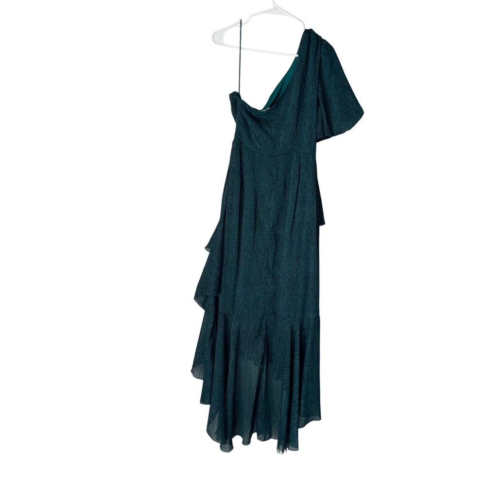 Floret Studios Teal Dotted One Shoulder Tiered Ruffle High Low Midi Dress Medium